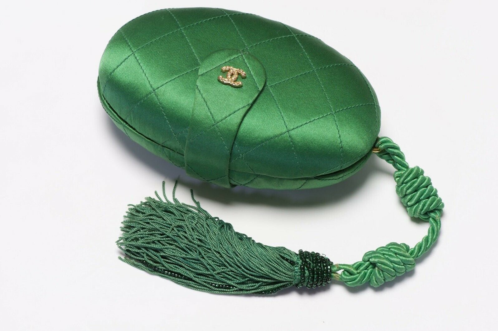 CHANEL 1990’s Green Quilted Satin Tassel Egg Clutch Bag