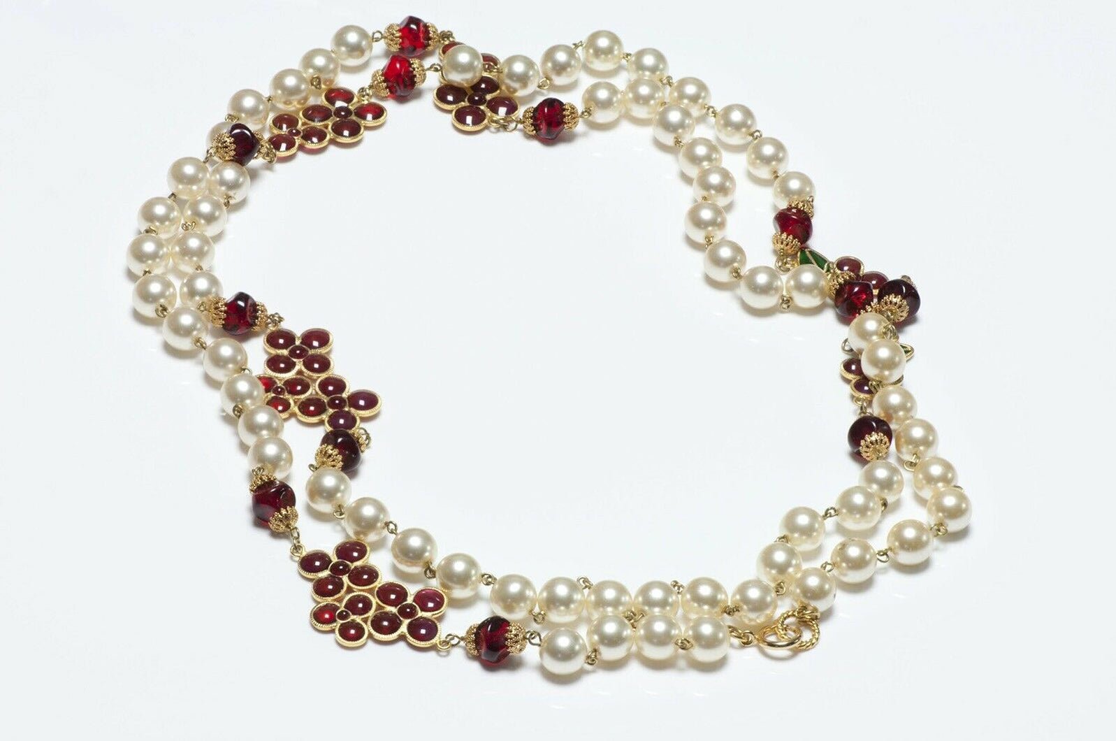 CHANEL 1990’s Gripoix Camellia Glass Pearl Sautoir Necklace