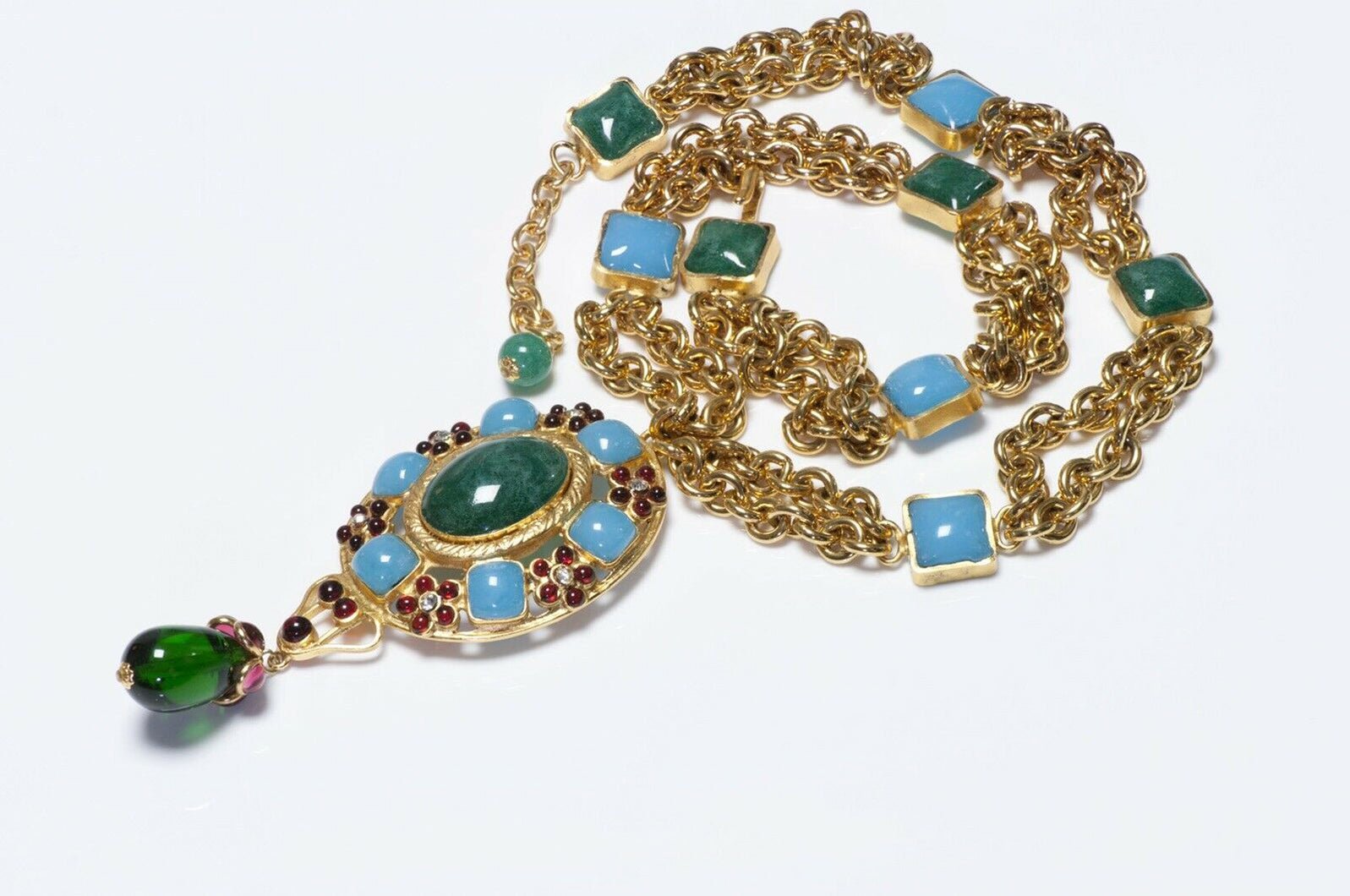CHANEL 1990’s Gripoix Green Blue Poured Glass Chain Camellia Pendant Necklace