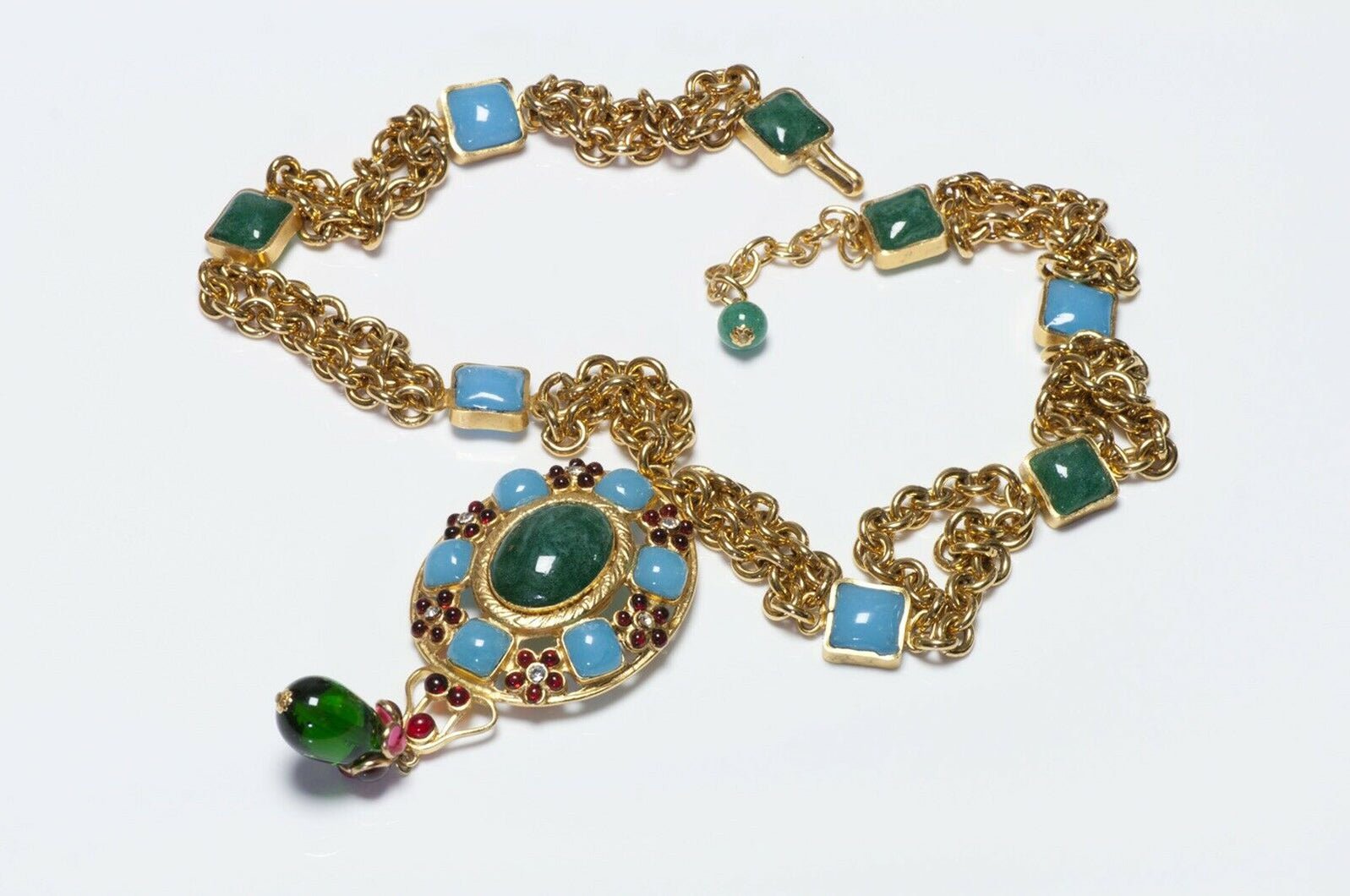 CHANEL 1990’s Gripoix Green Blue Poured Glass Chain Camellia Pendant Necklace