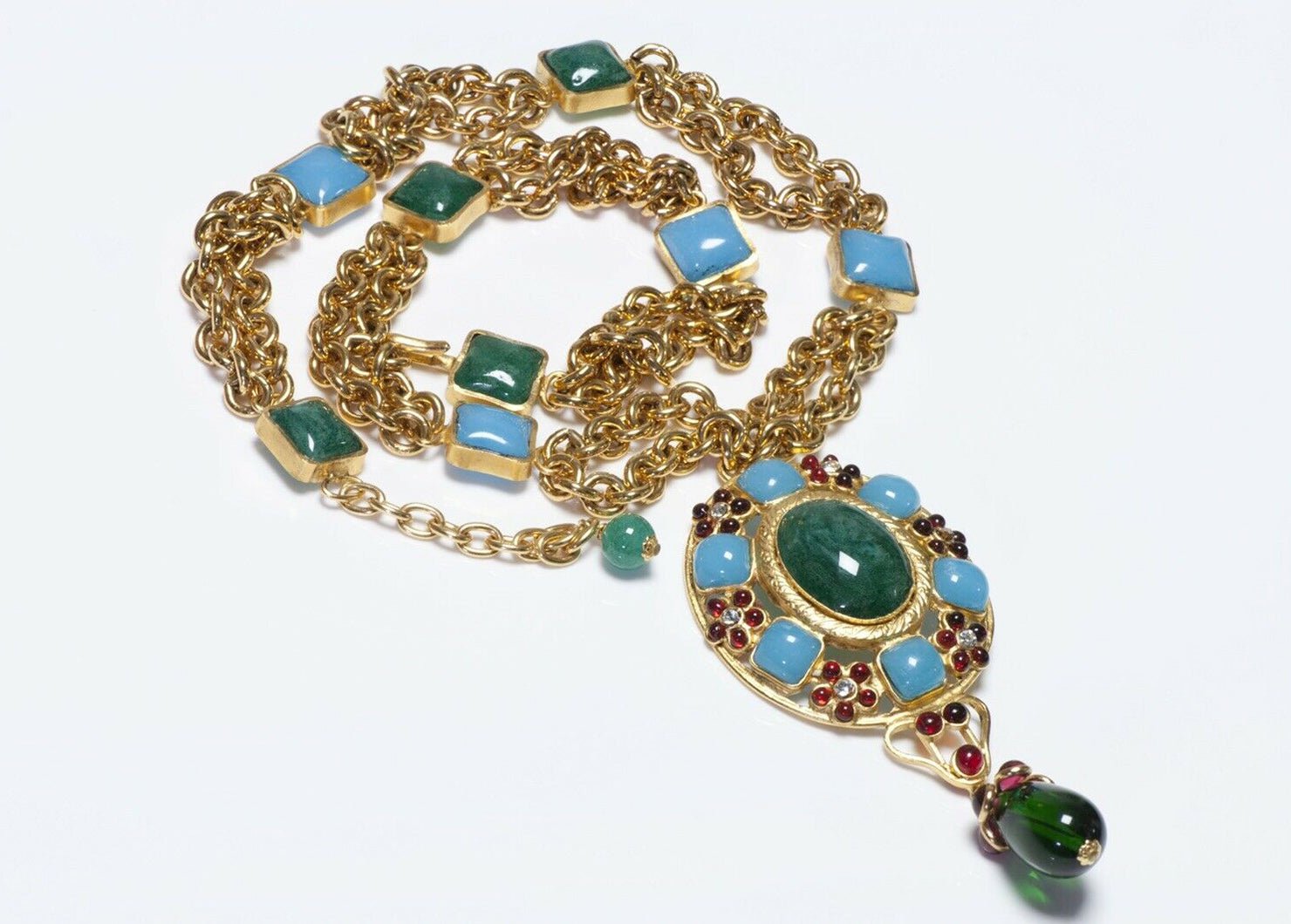 CHANEL 1990’s Gripoix Green Blue Poured Glass Chain Camellia Pendant Necklace