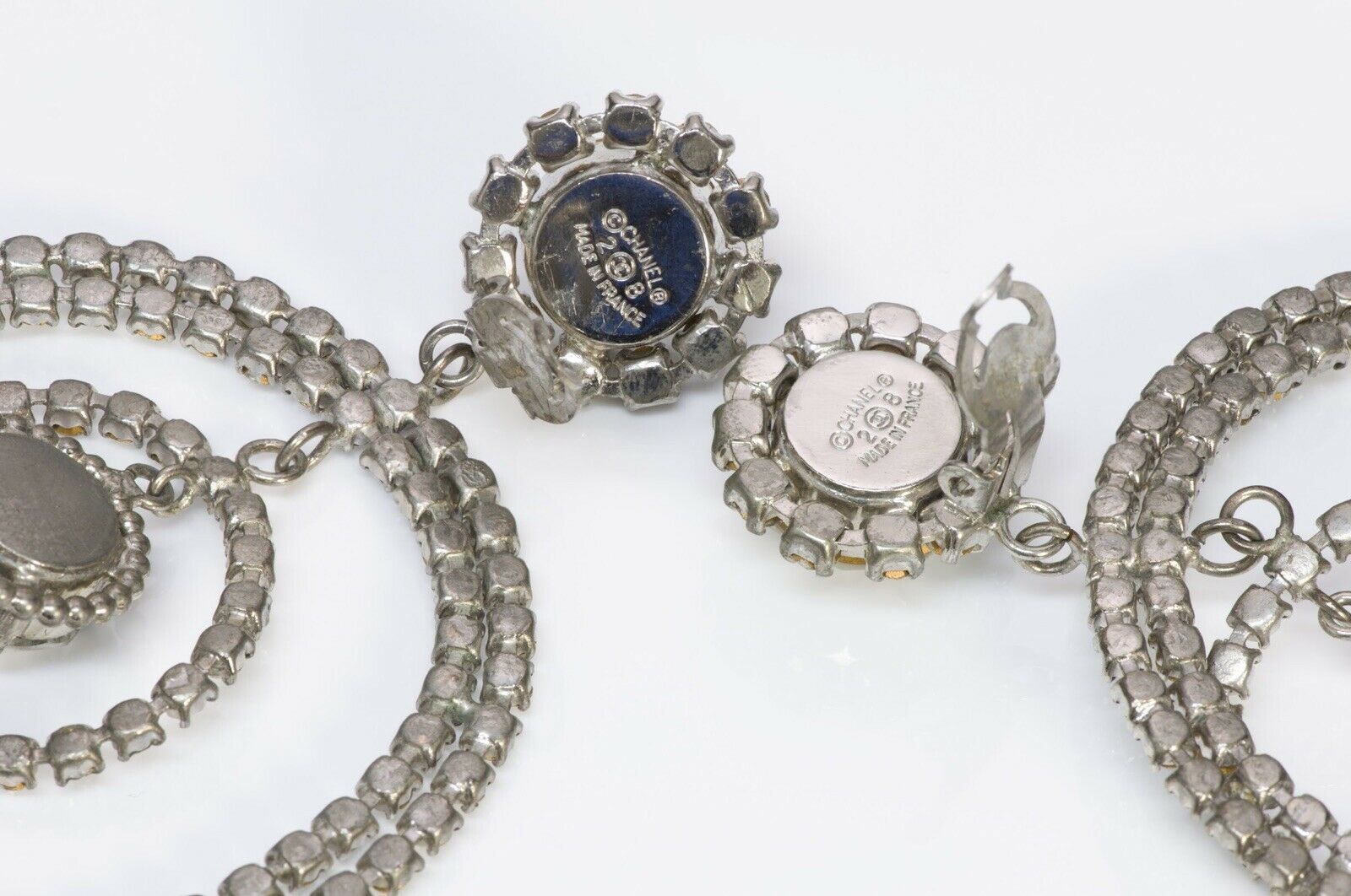 Chanel 1990’s Long Silver Tone Crystal Hoop Earrings