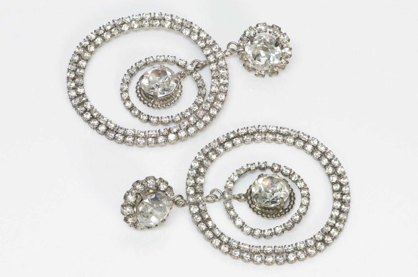 Chanel 1990’s Long Silver Tone Crystal Hoop Earrings