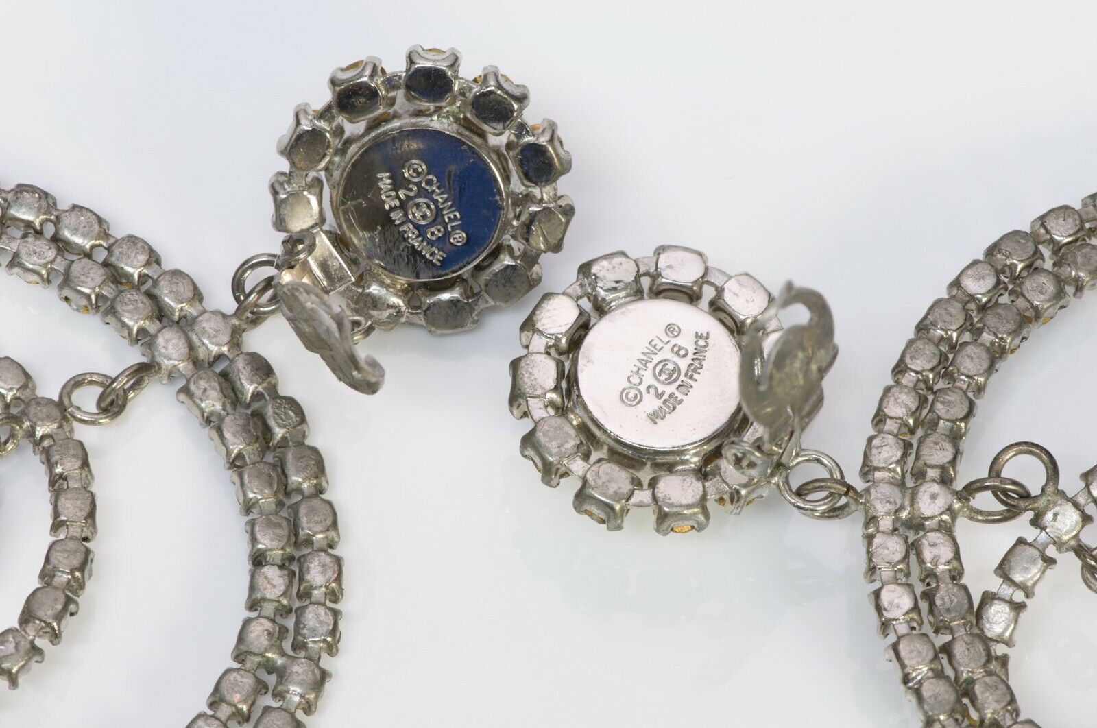 Chanel 1990’s Long Silver Tone Crystal Hoop Earrings