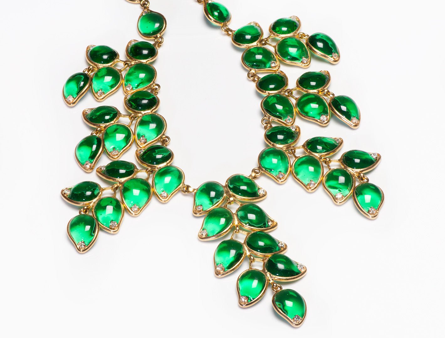 Chanel 1990’s Maison Gripoix Green Poured Glass Leaf Collar Necklace