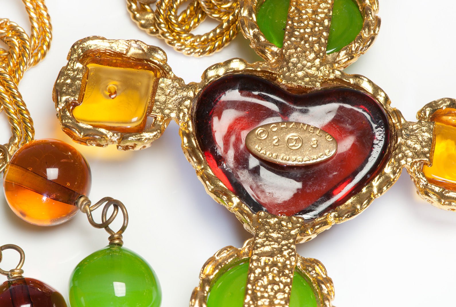 Chanel 1990’s Maison Gripoix Green Yellow CC Heart Cross Glass Beads Necklace
