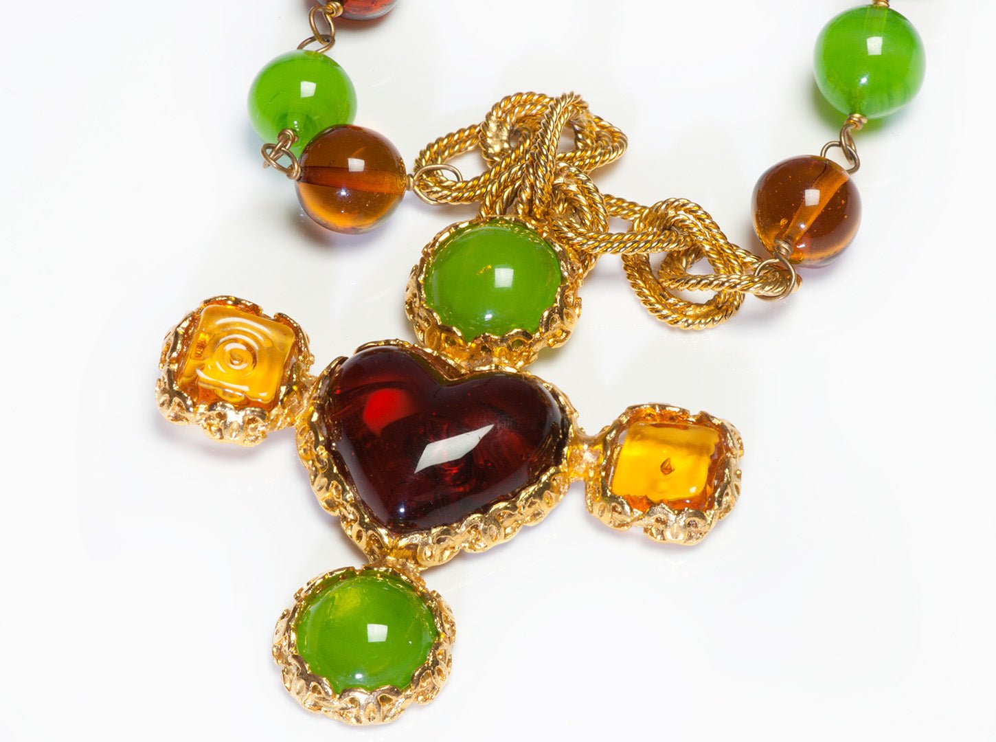 Chanel 1990’s Maison Gripoix Green Yellow CC Heart Cross Glass Beads Necklace
