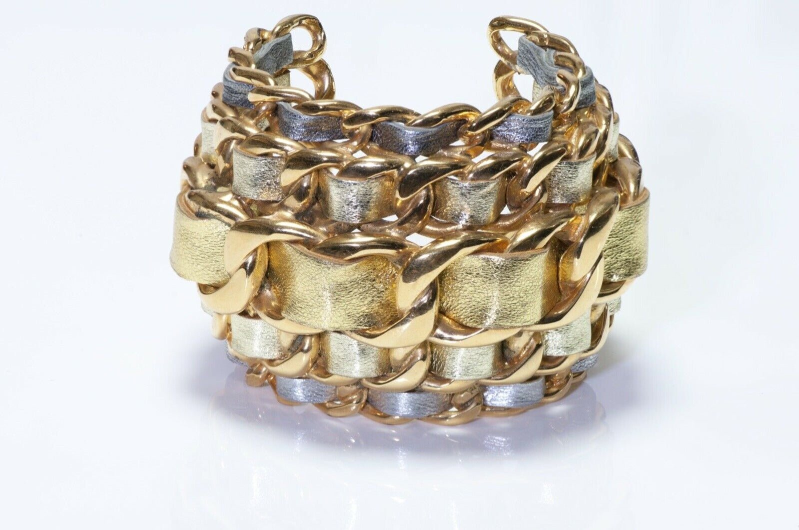 CHANEL 1990’s Wide 5 Row Gold Silver Leather Cuff Bracelet