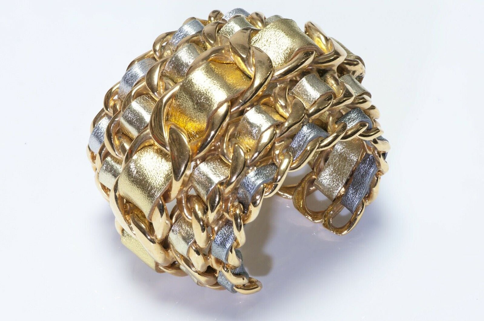 CHANEL 1990’s Wide 5 Row Gold Silver Leather Cuff Bracelet