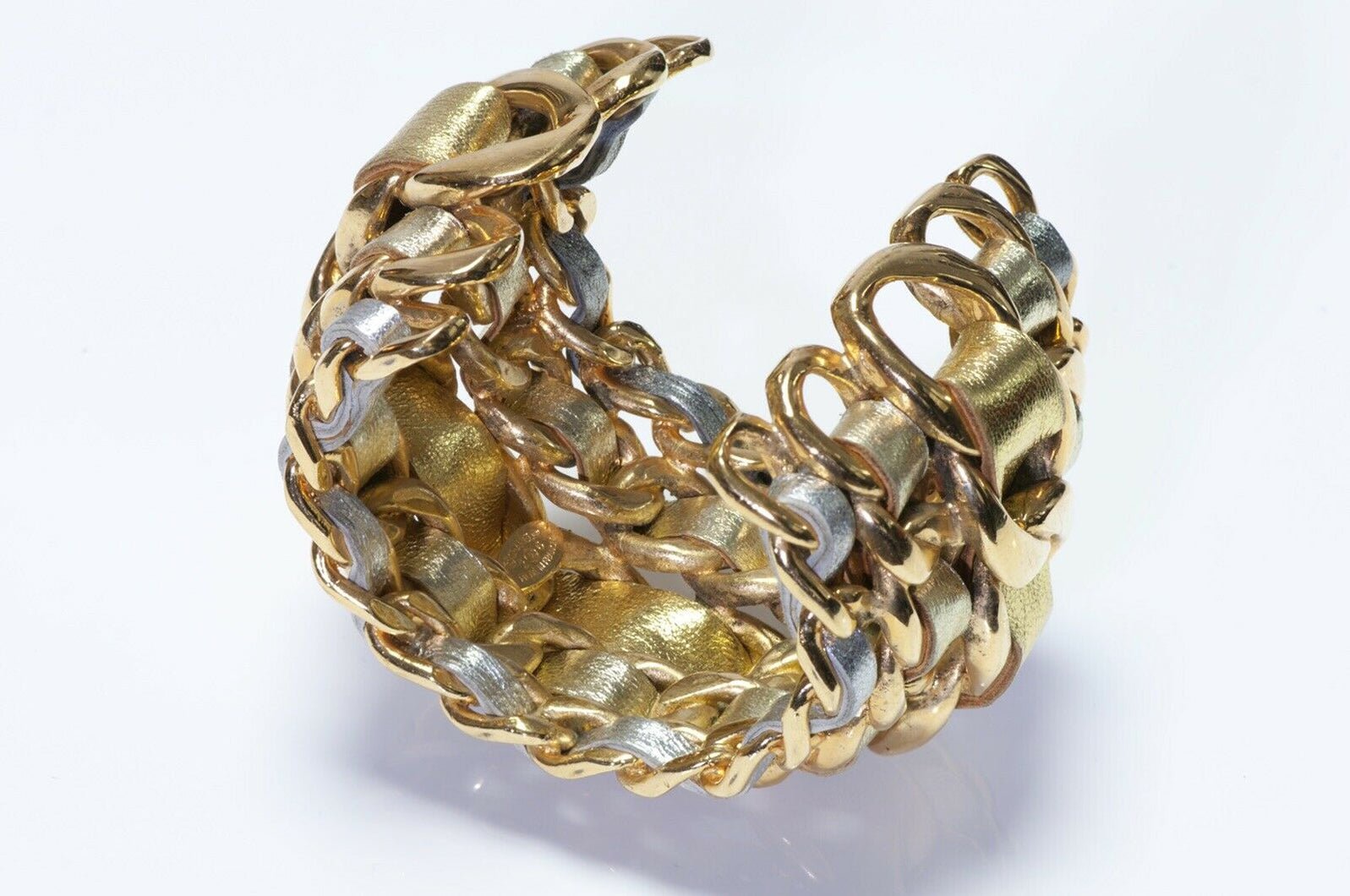 CHANEL 1990’s Wide 5 Row Gold Silver Leather Cuff Bracelet