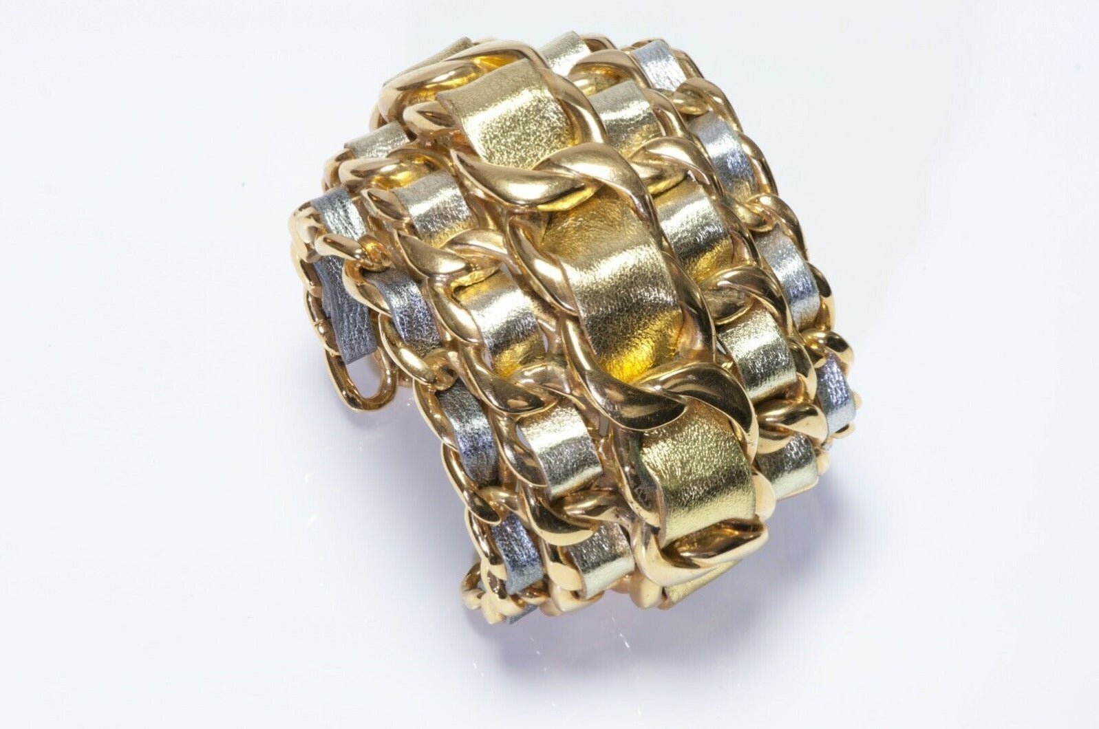 CHANEL 1990’s Wide 5 Row Gold Silver Leather Cuff Bracelet