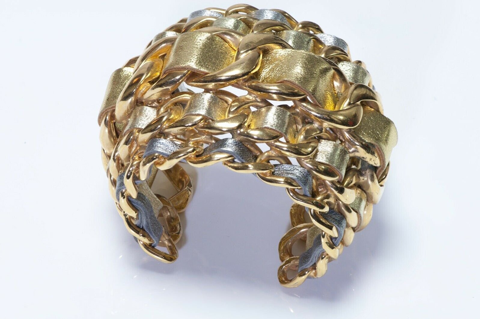 CHANEL 1990’s Wide 5 Row Gold Silver Leather Cuff Bracelet