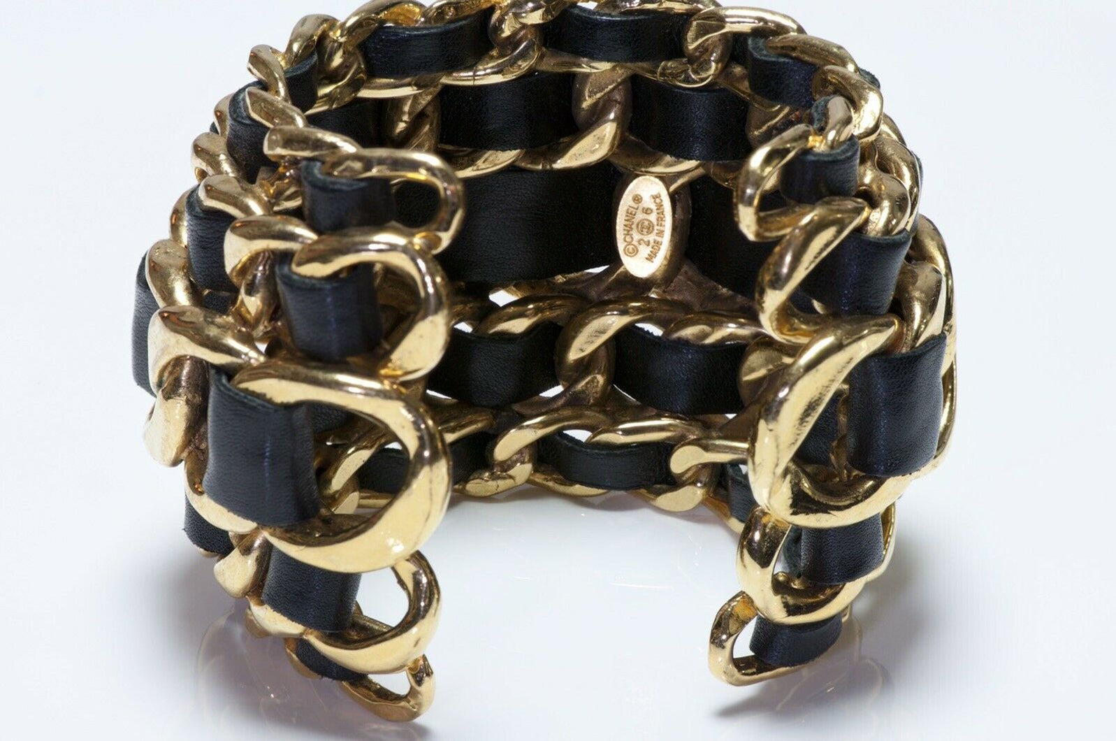 CHANEL 1990’s Wide Gold Plated 5 Row Chain Black Leather Cuff Bracelet