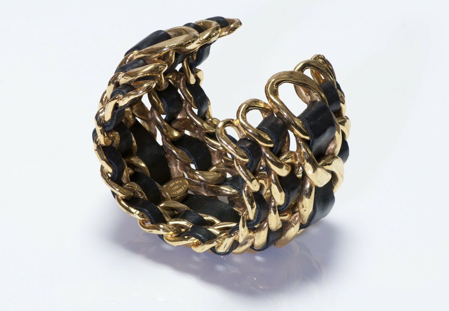 CHANEL 1990’s Wide Gold Plated 5 Row Chain Black Leather Cuff Bracelet