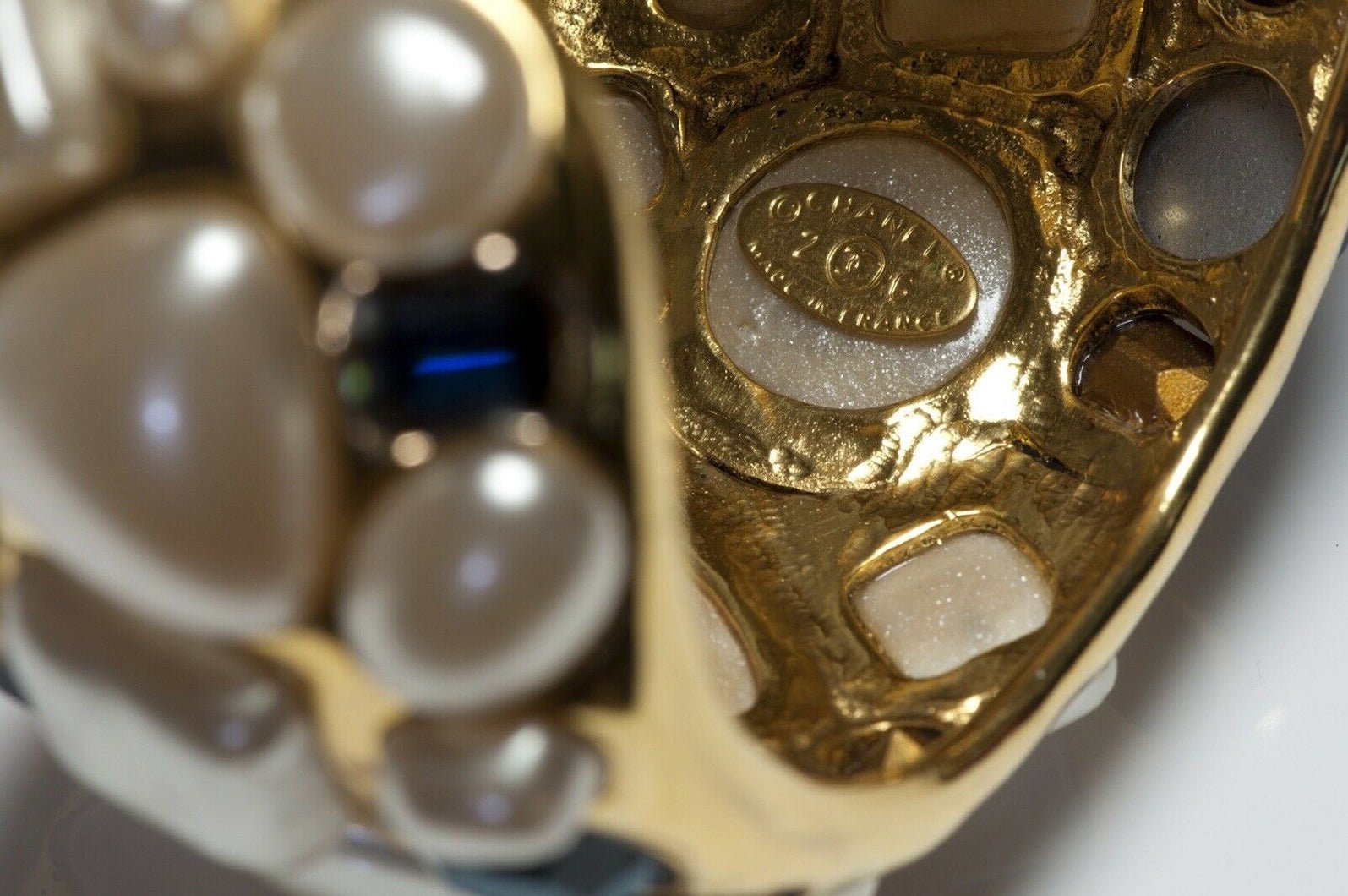 CHANEL 1990’s Wide Gold Plated Blue Crystal Pearl Cuff Bracelet