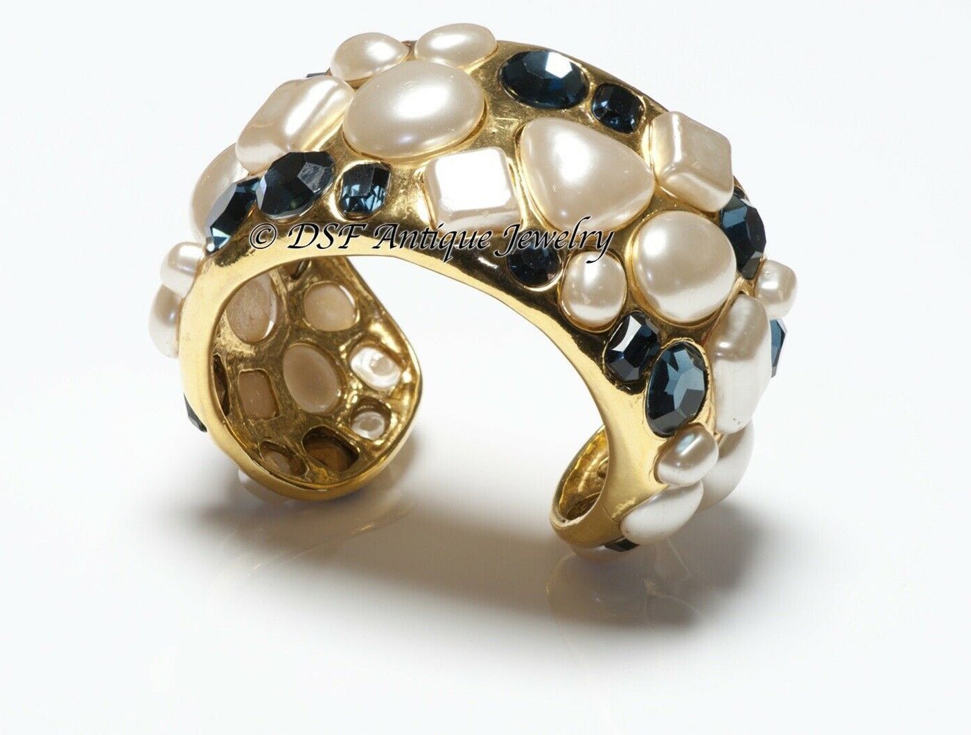 CHANEL 1990’s Wide Gold Plated Blue Crystal Pearl Cuff Bracelet