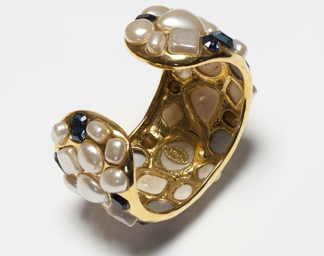 CHANEL 1990’s Wide Gold Plated Blue Crystal Pearl Cuff Bracelet
