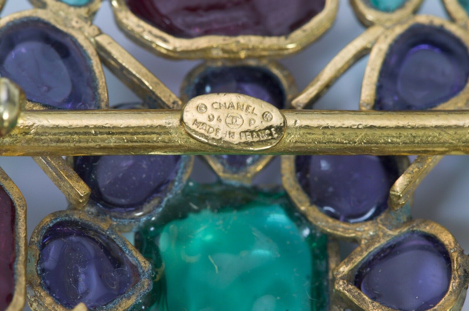 CHANEL 1994 Maison Gripoix Green Red Purple Glass Brooch