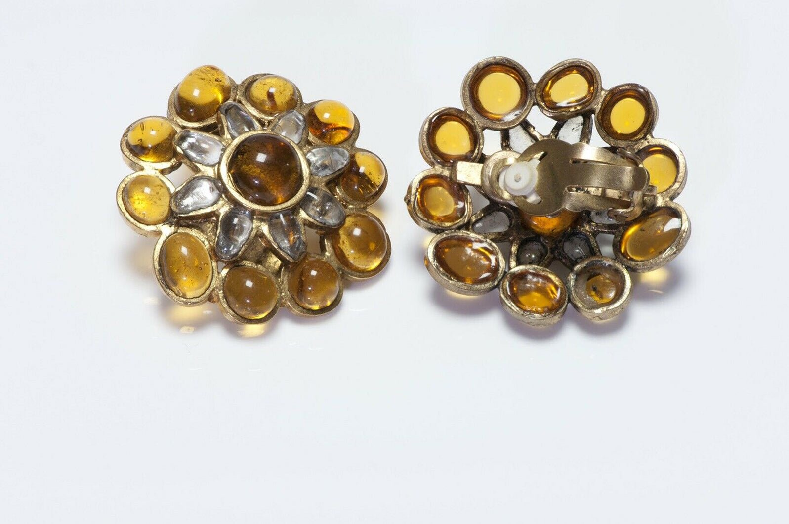 CHANEL 1994 Maison Gripoix Yellow Glass Camellia Flower Earrings