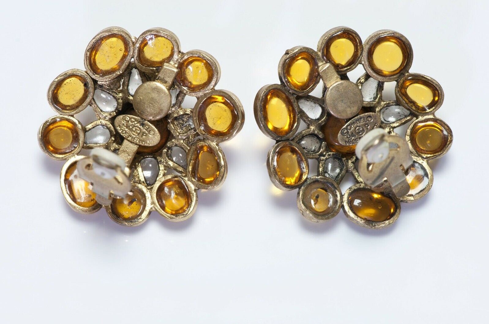 CHANEL 1994 Maison Gripoix Yellow Glass Camellia Flower Earrings