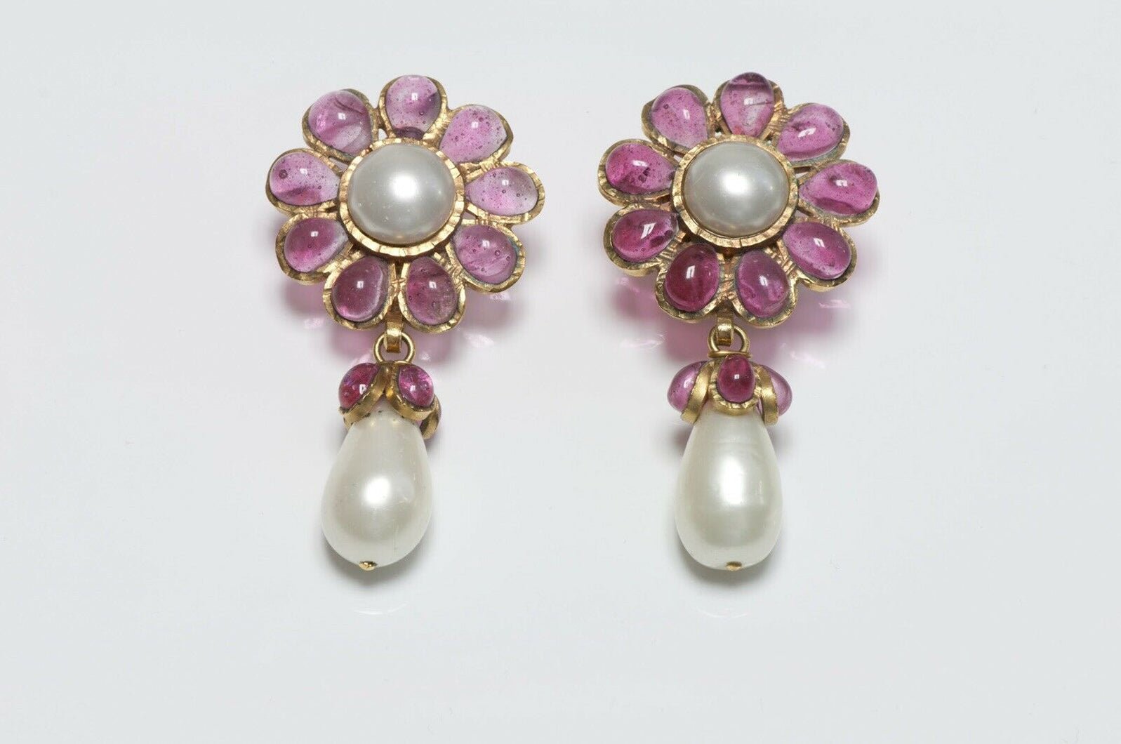 CHANEL 1995 Gripoix Camellia Flower Glass Pearl Earrings