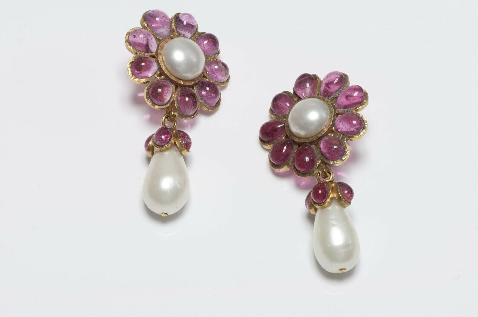 CHANEL 1995 Gripoix Camellia Flower Glass Pearl Earrings