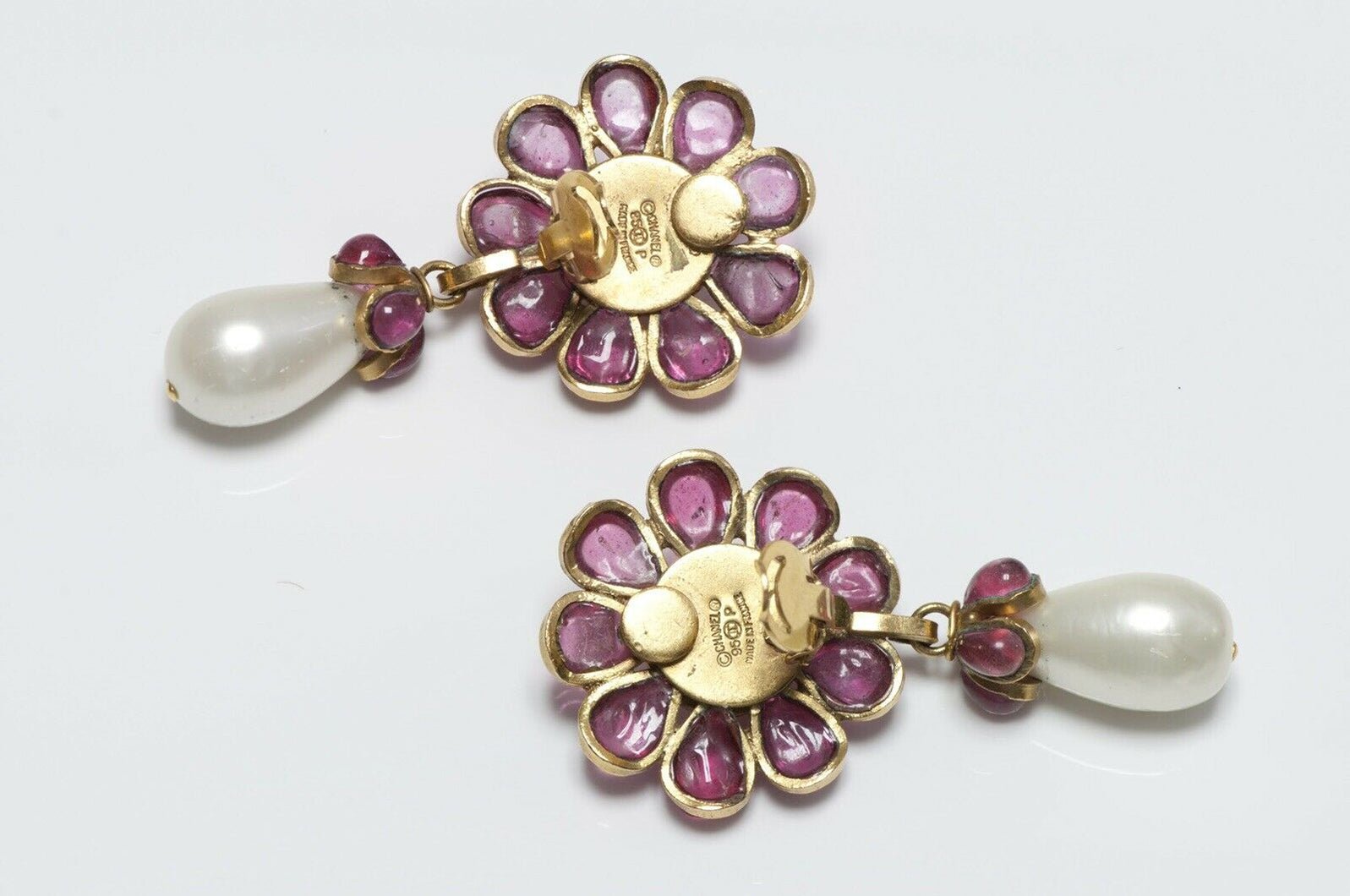 CHANEL 1995 Gripoix Camellia Flower Glass Pearl Earrings