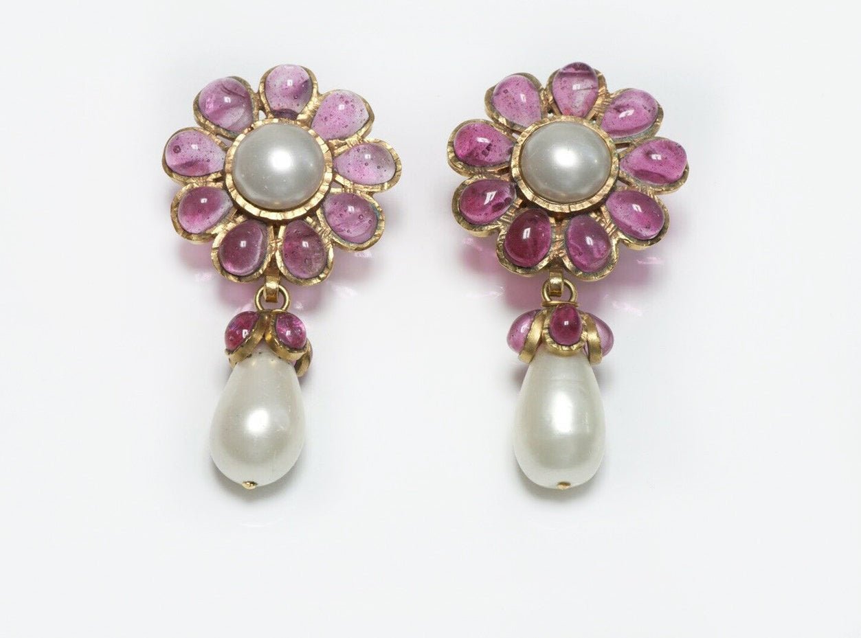 CHANEL 1995 Gripoix Camellia Flower Glass Pearl Earrings