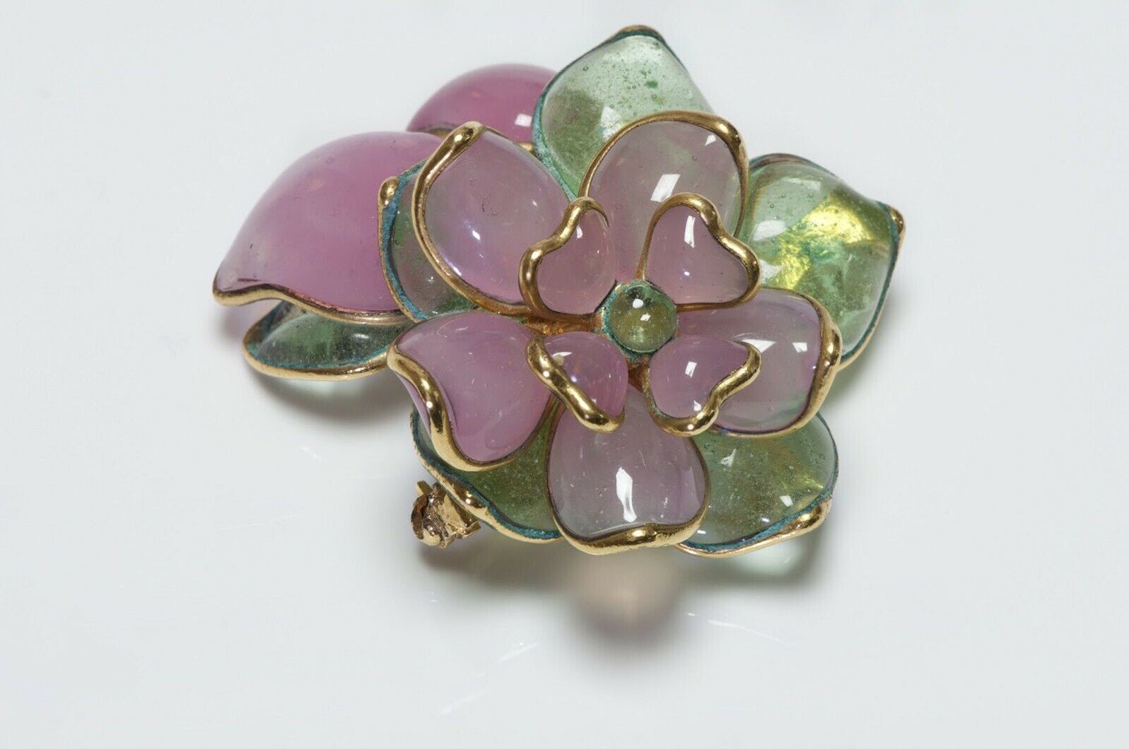 CHANEL 1996 Gripoix Camellia Flower Green Pink Glass Pendant Brooch