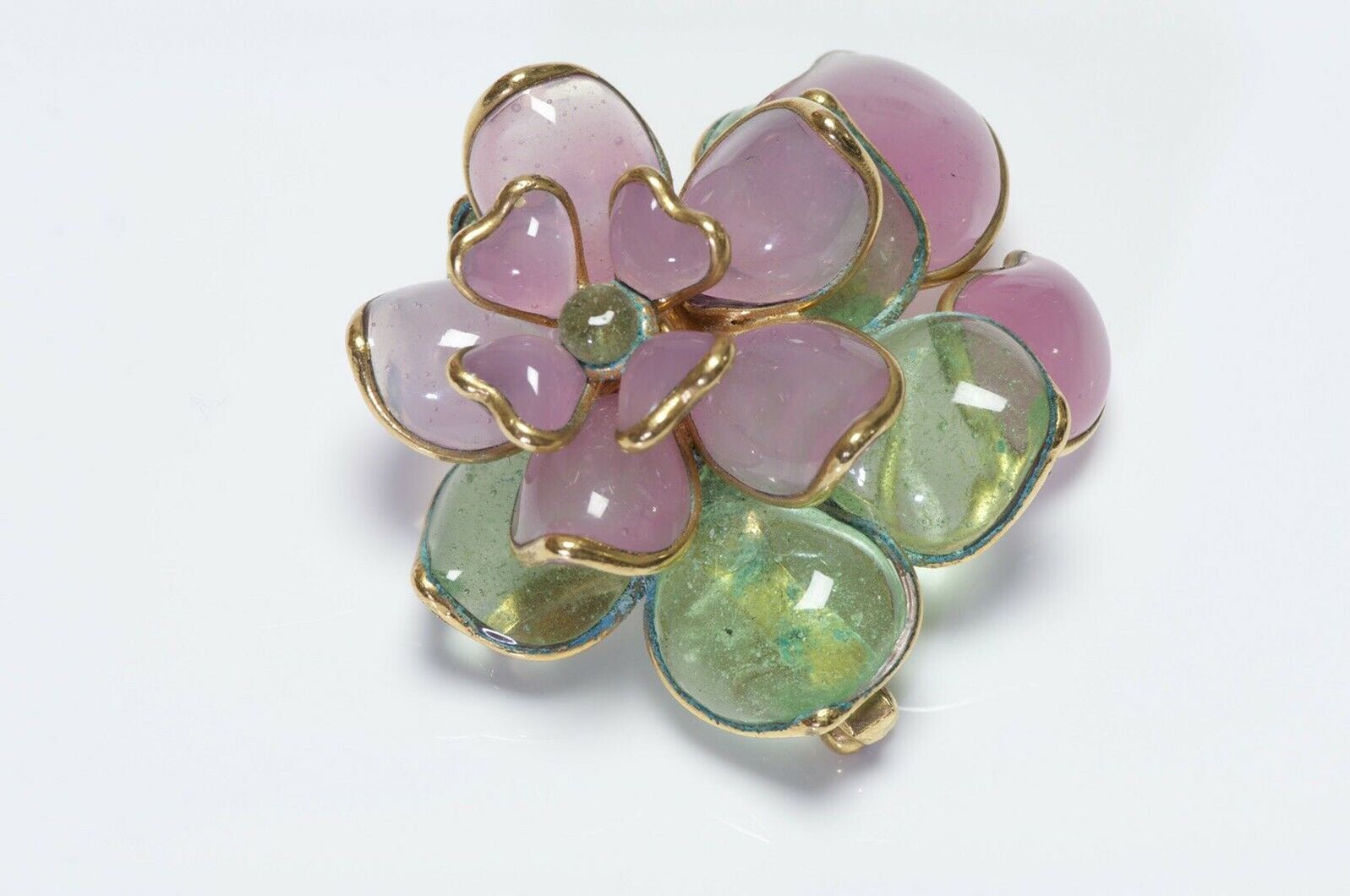 CHANEL 1996 Gripoix Camellia Flower Green Pink Glass Pendant Brooch