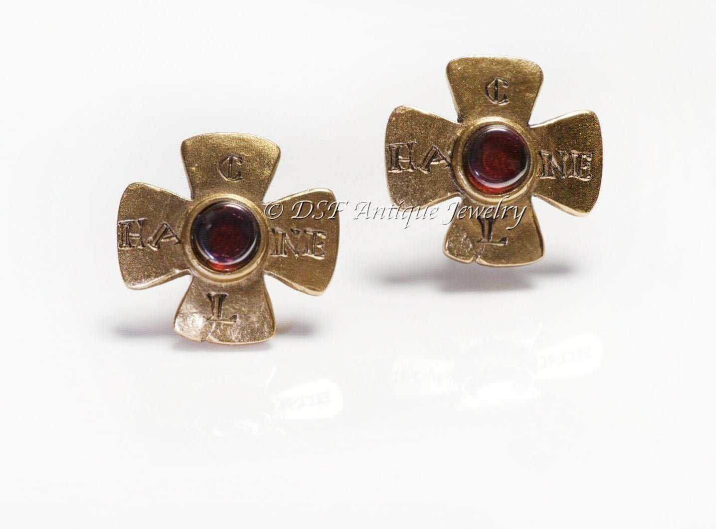 CHANEL 1999 Maison Gripoix Red Glass Maltese Cross Earrings