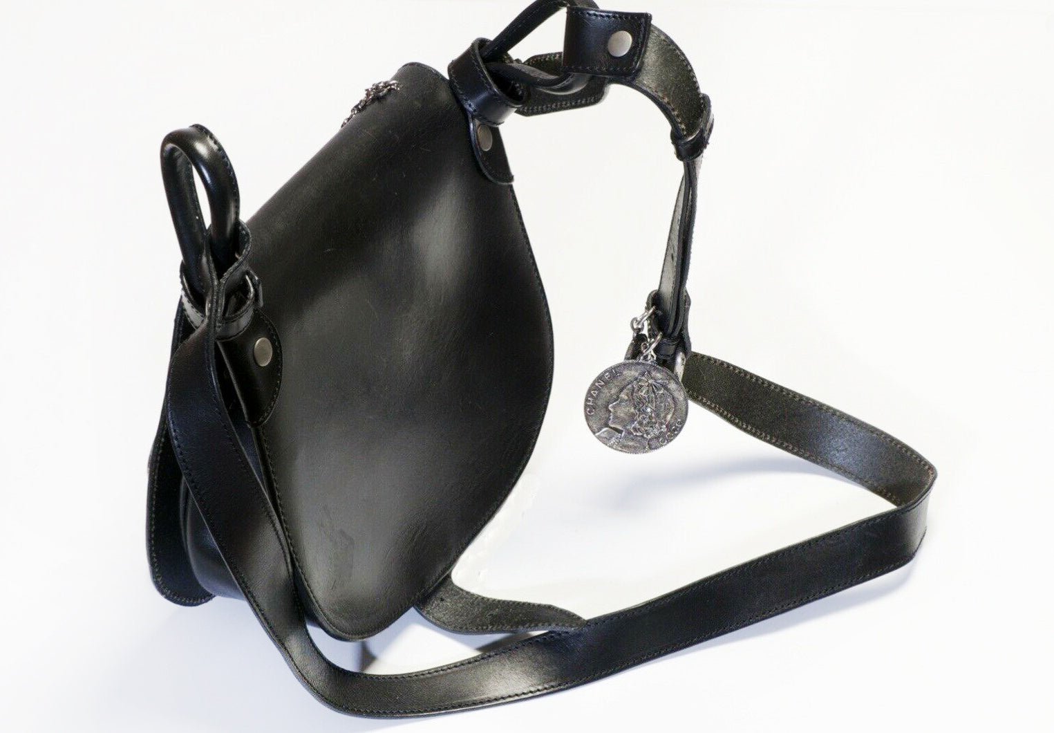 CHANEL 2003 CC Black Leather Medallion Coin Saddle Crossbody Bag
