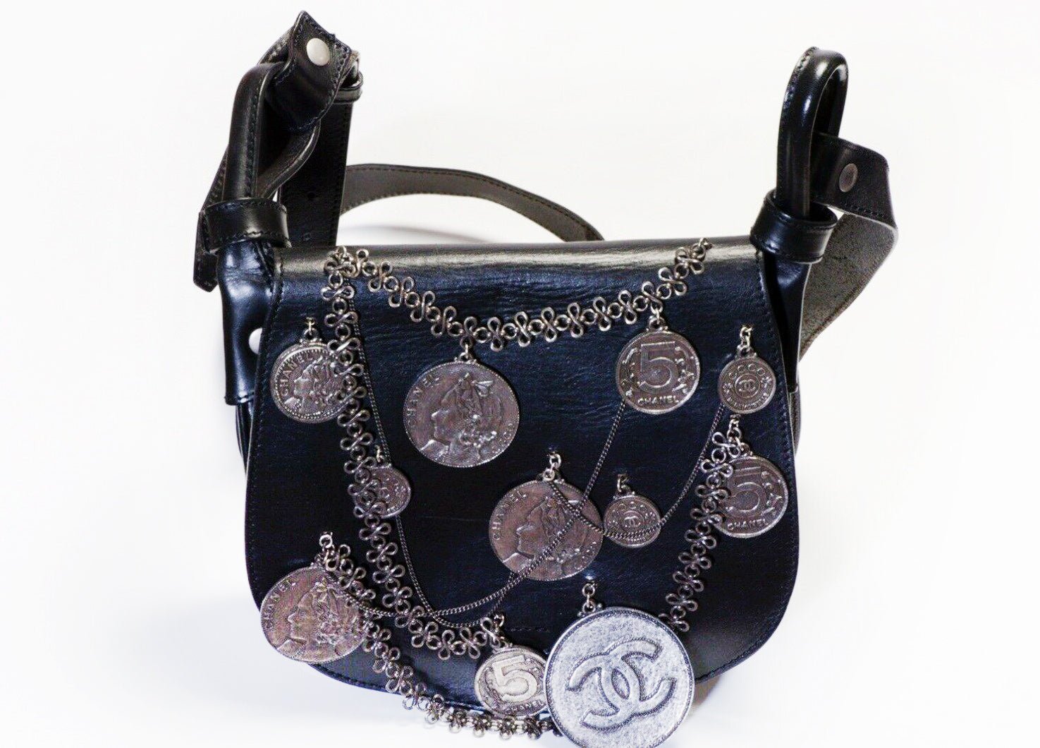 CHANEL 2003 CC Black Leather Medallion Coin Saddle Crossbody Bag