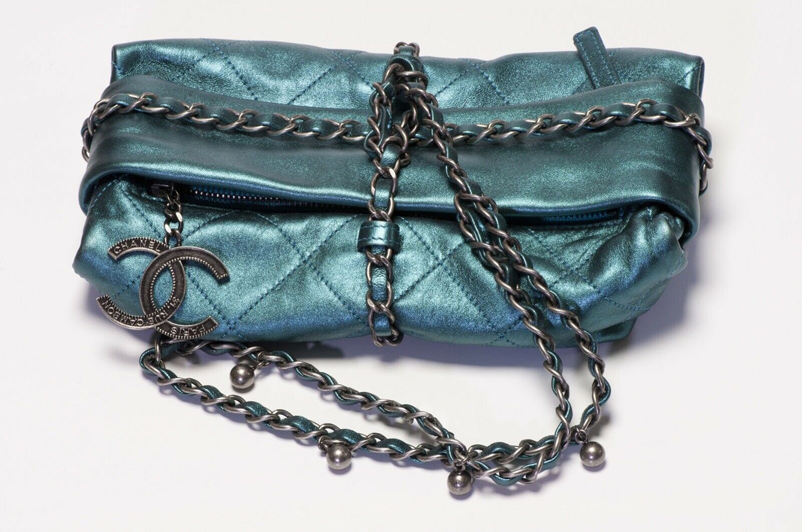 CHANEL Baluchon 2012 Turquoise Green Quilted Leather CC Wrap Chain Bag