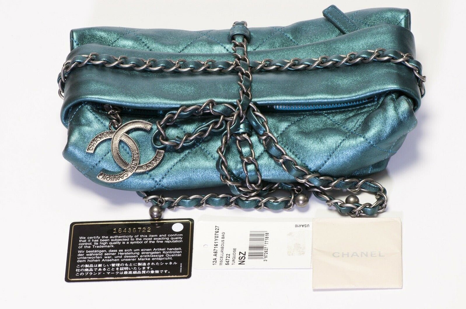 CHANEL Baluchon 2012 Turquoise Green Quilted Leather CC Wrap Chain Bag