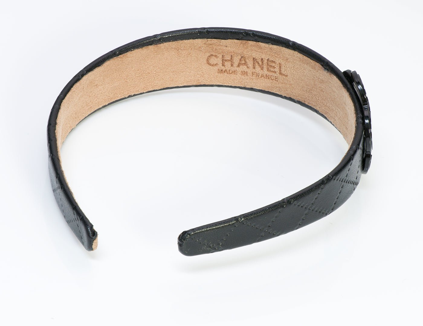 Chanel Black Quilted Leather Camellia Headband