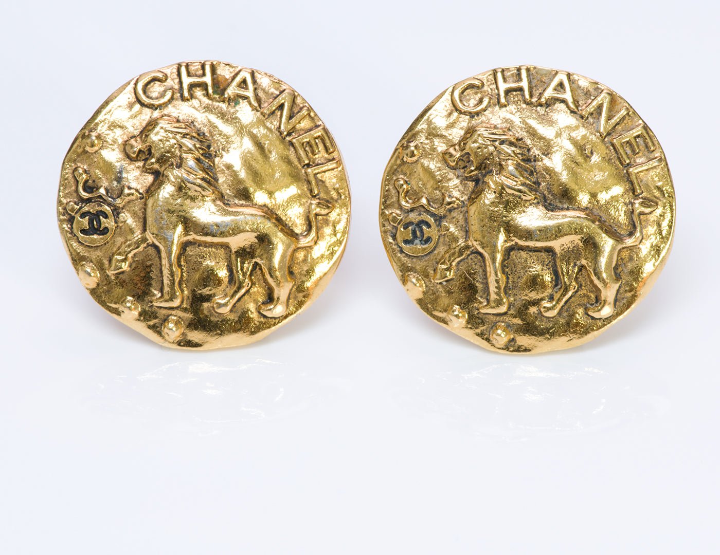 Chanel CC 1980's Gold Plated Lion Coin Earrings