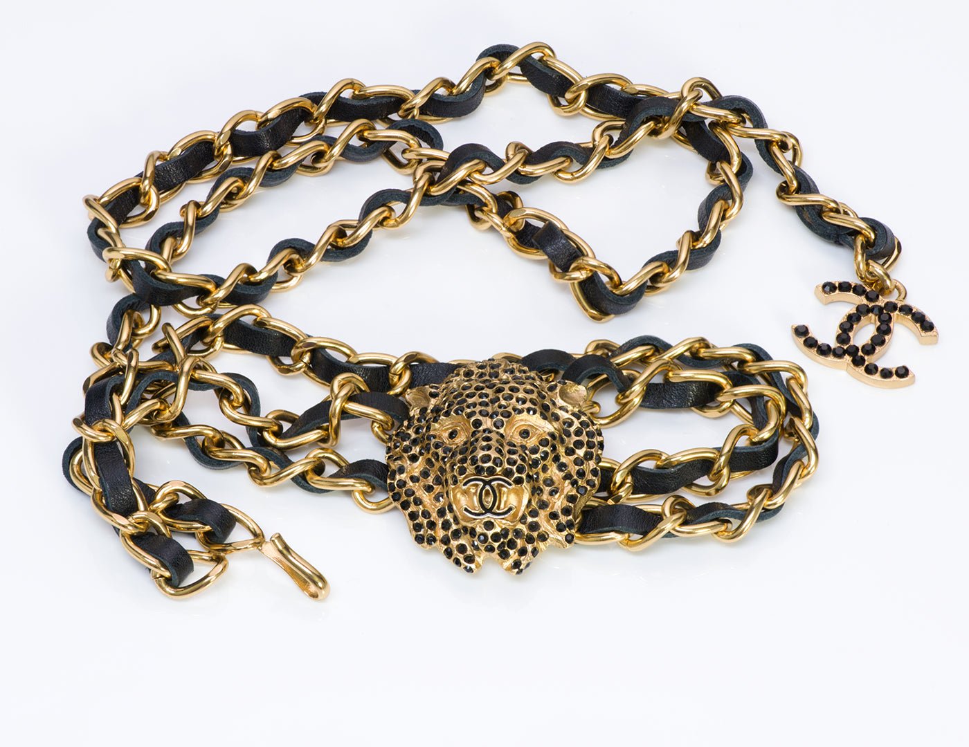 Chanel CC 2001 Black Crystal Lion Leather Chain Belt