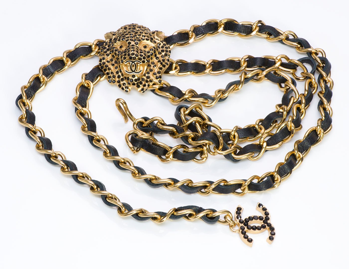 Chanel CC 2001 Black Crystal Lion Leather Chain Belt