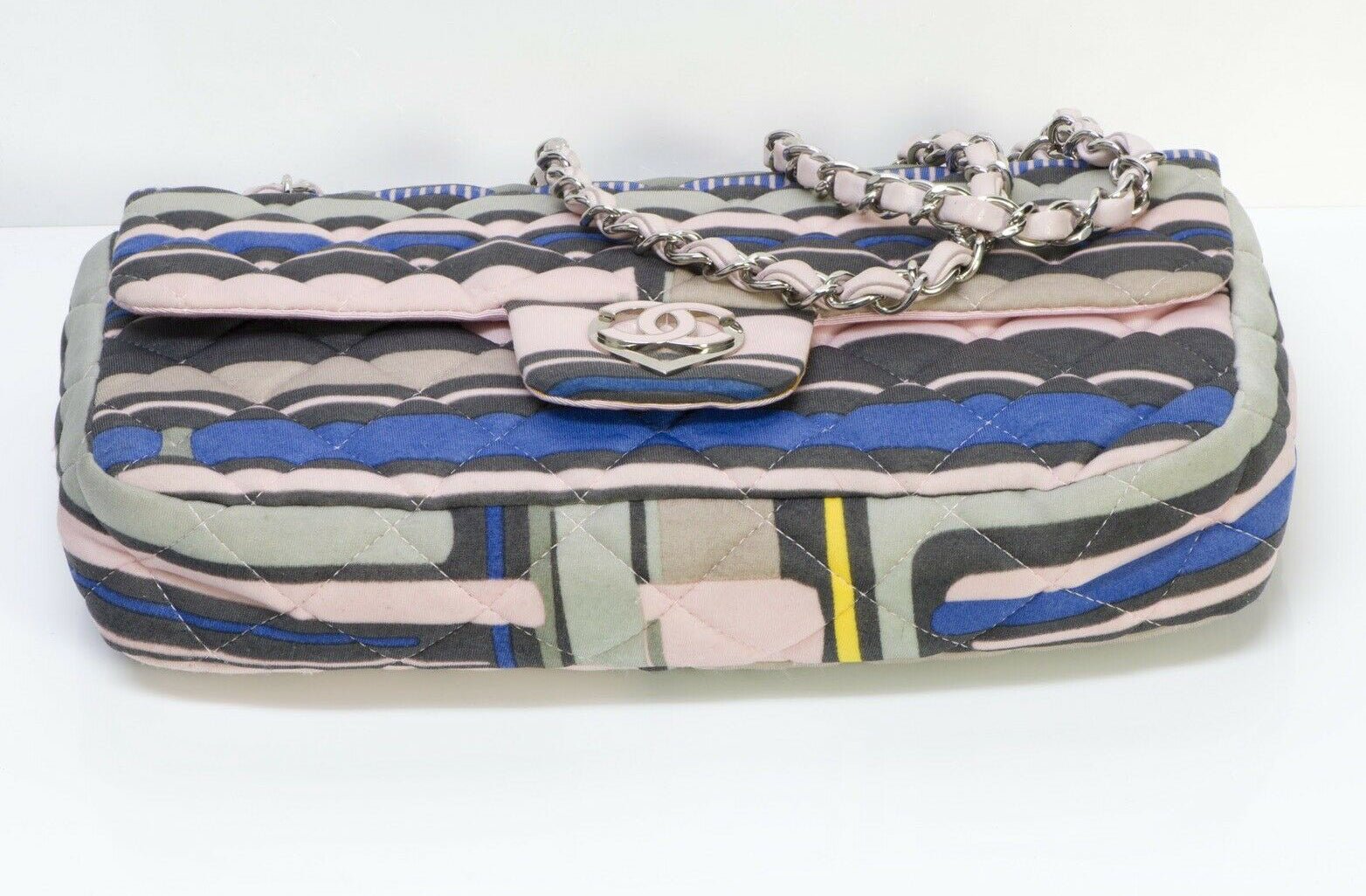 CHANEL CC Resort 2009 Pink Blue Striped Quilted Fabric Heart Flap Bag