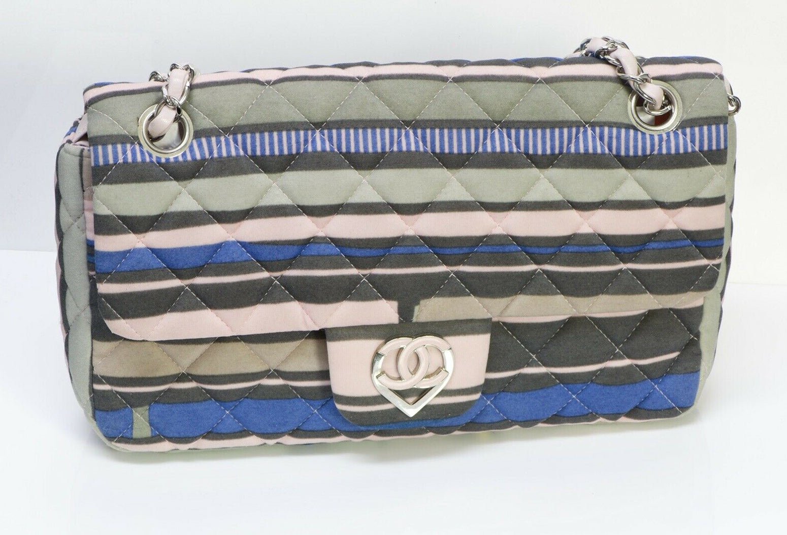 CHANEL CC Resort 2009 Pink Blue Striped Quilted Fabric Heart Flap Bag