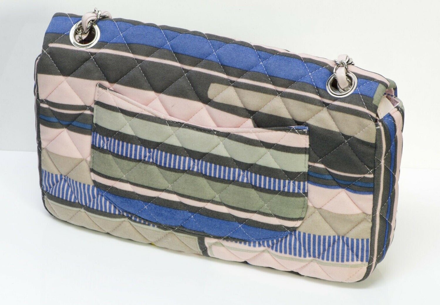 CHANEL CC Resort 2009 Pink Blue Striped Quilted Fabric Heart Flap Bag