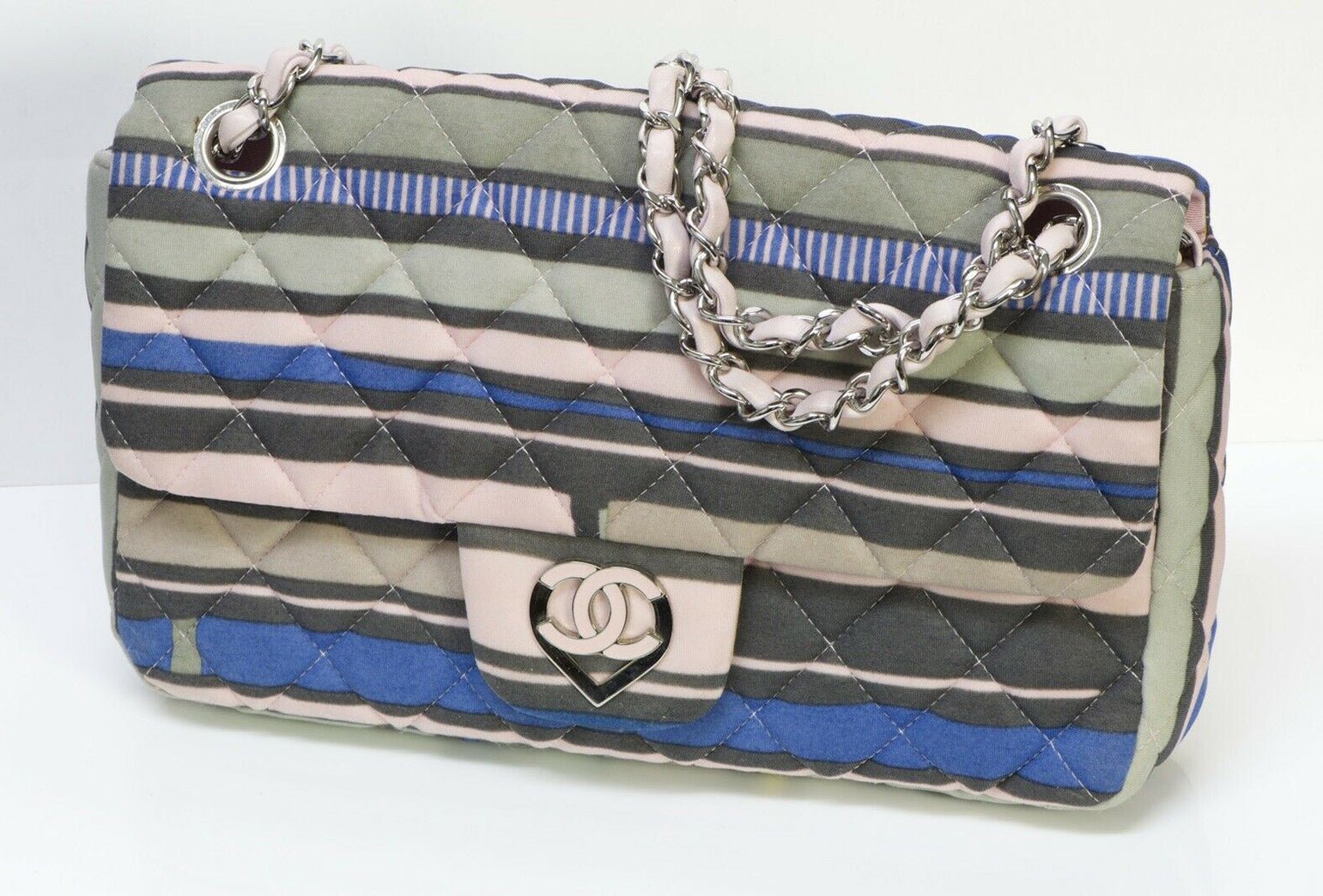 CHANEL CC Resort 2009 Pink Blue Striped Quilted Fabric Heart Flap Bag