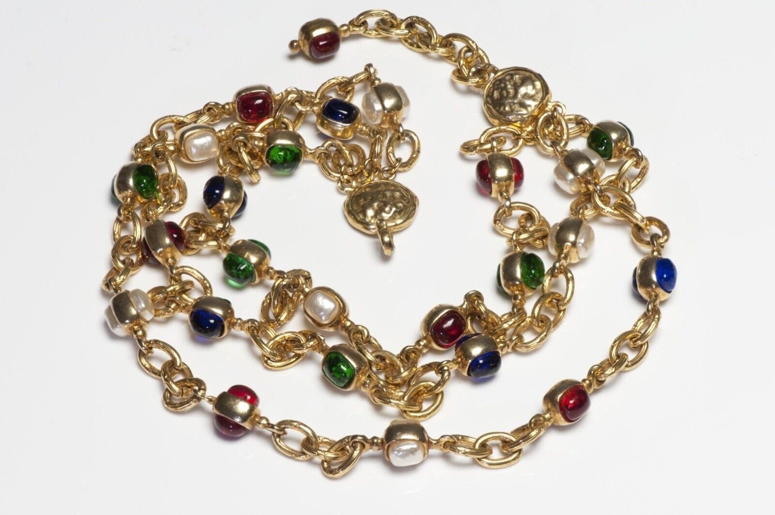 CHANEL Couture 1980’s Gripoix Red Blue Green Glass Pearl Chain Collar Necklace
