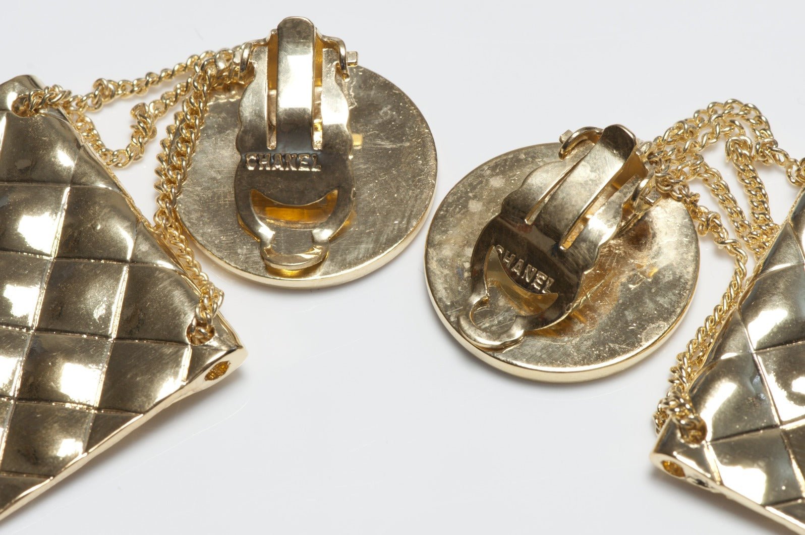 CHANEL Couture Spring 1986 Long Quilted CC Purse Chain Earrings
