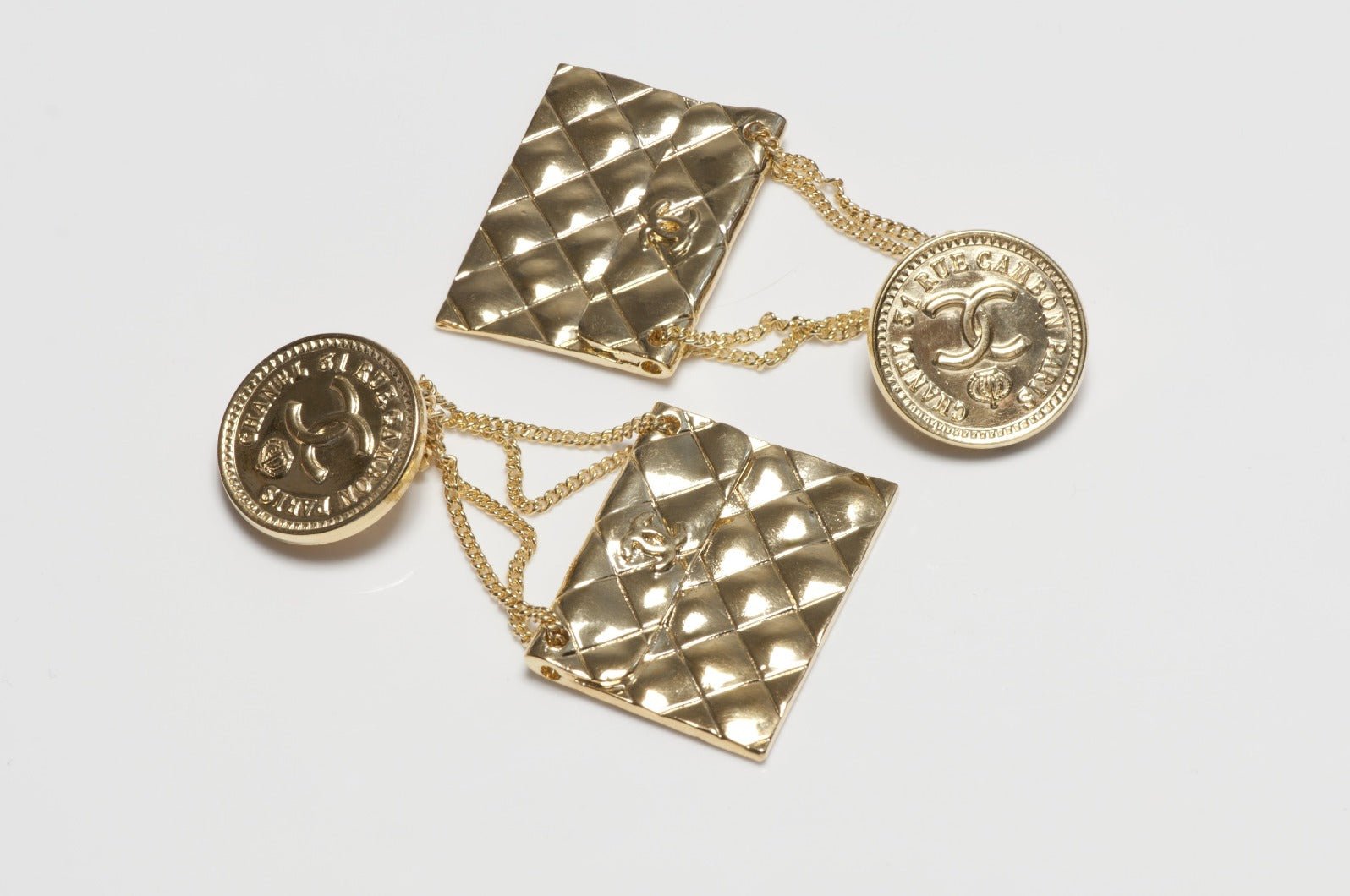 CHANEL Couture Spring 1986 Long Quilted CC Purse Chain Earrings