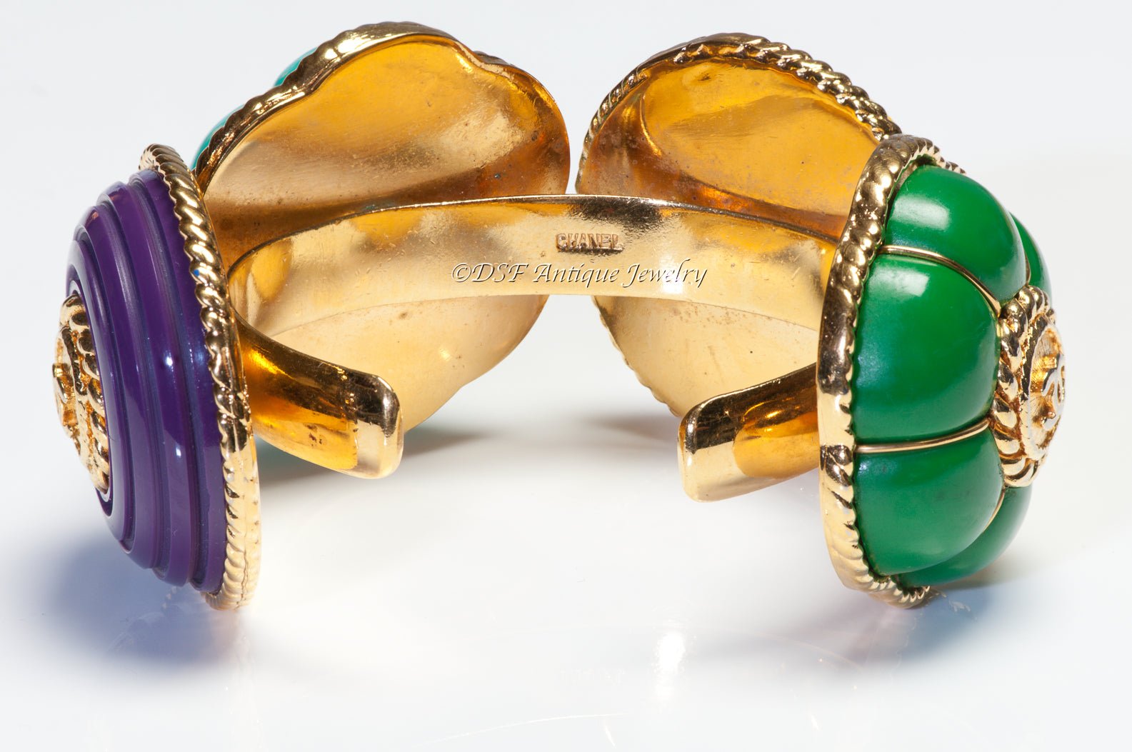 Chanel Fall 1989 CC Purple Green Yellow Resin Camellia Flower Cuff Bracelet
