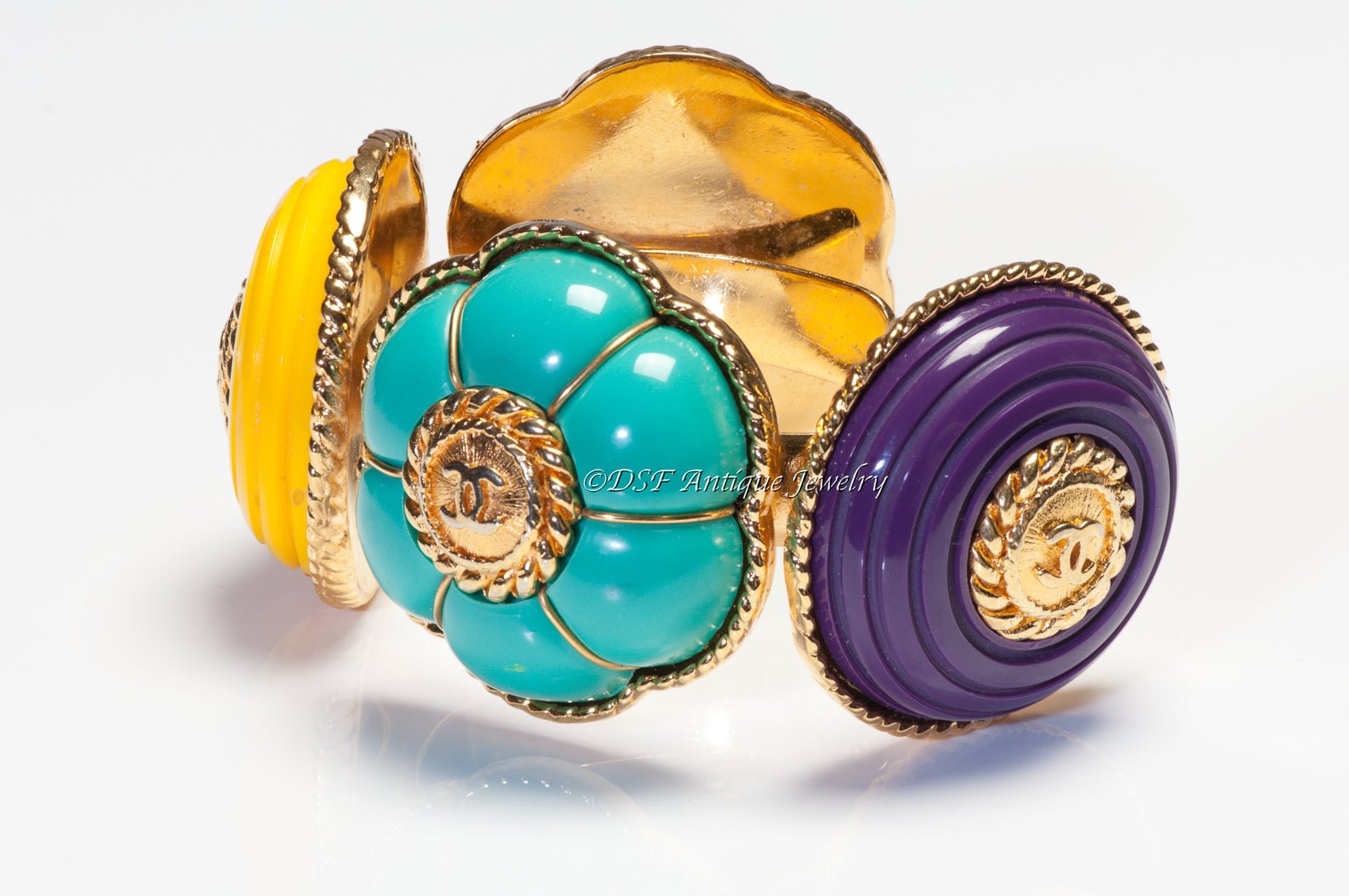 Chanel Fall 1989 CC Purple Green Yellow Resin Camellia Flower Cuff Bracelet