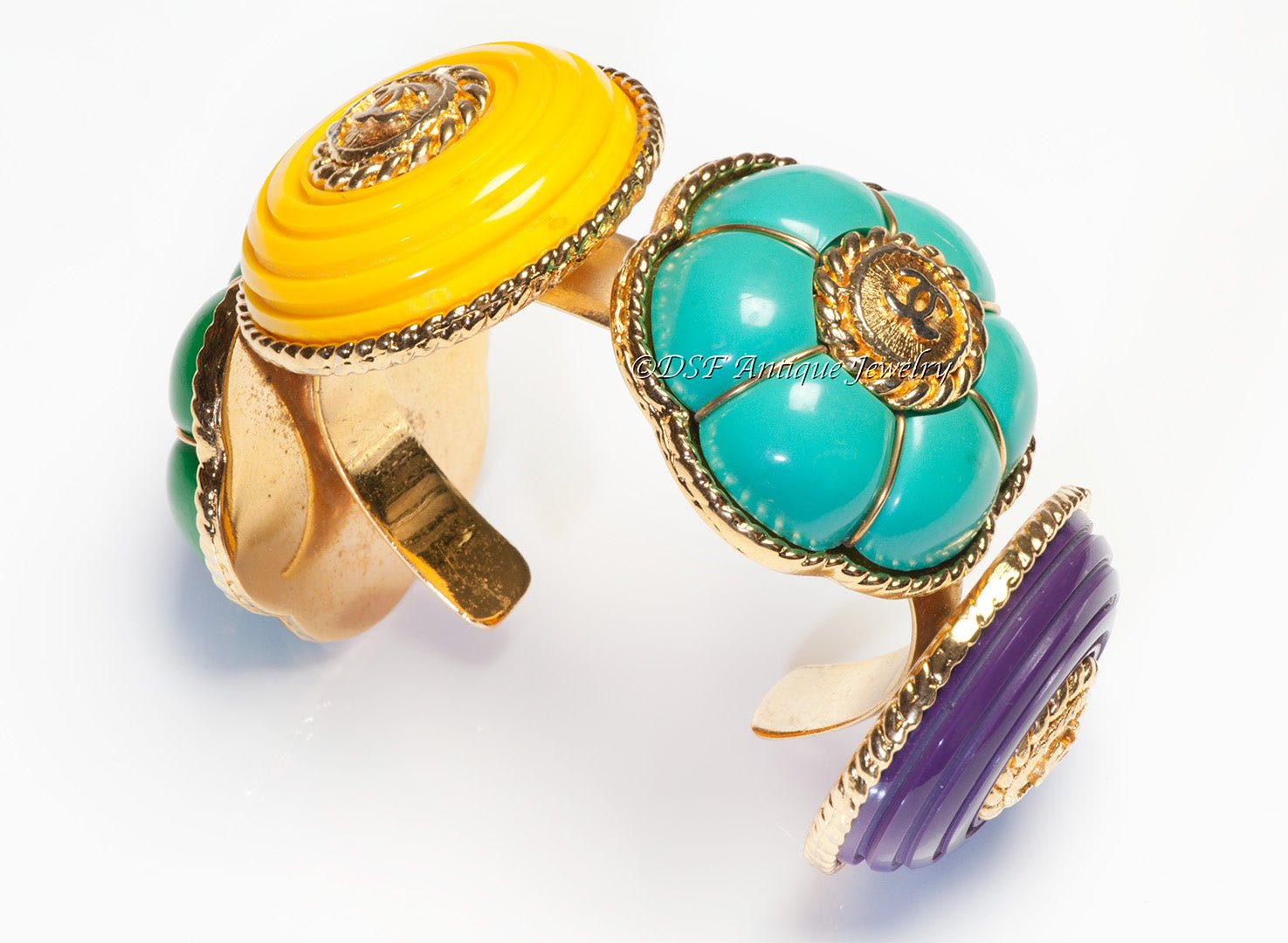 Chanel Fall 1989 CC Purple Green Yellow Resin Camellia Flower Cuff Bracelet