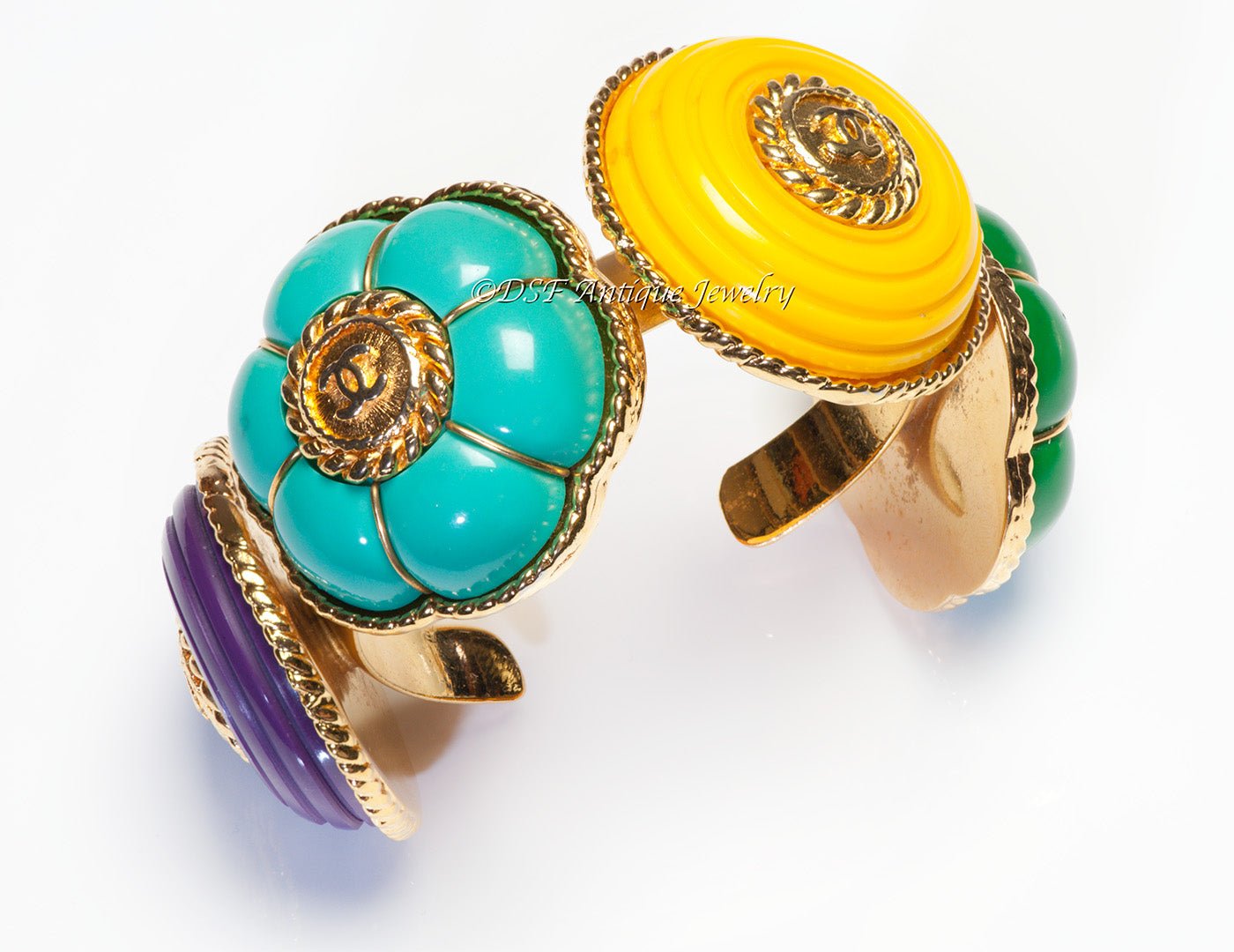 Chanel Fall 1989 CC Purple Green Yellow Resin Camellia Flower Cuff Bracelet